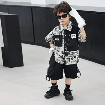 童裝男童夏款韓版衣服炸街小男孩時髦夏季短袖襯衫潮兒童工裝套裝【木屋雜貨】