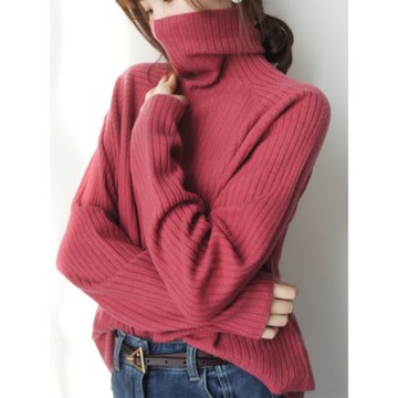 火龍果高領毛衣女秋冬外穿寬松小眾設計感時髦顯瘦氣質坑條針織衫