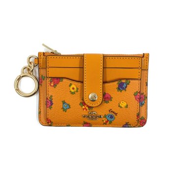 【COACH】印花皮革零錢票卡夾-桔底花朵