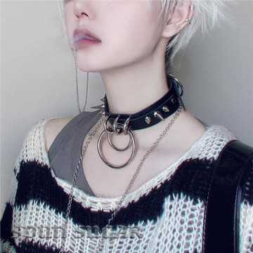 機能朋克雙環鉚釘項鏈 暗黑范哥特Y2K百搭歐美choker情侶金屬項圈