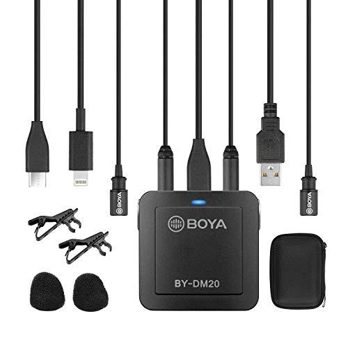 BOYA BY-DM20 Compact Dual-Channel Lavalier Microphone Recording Kit Mono Stereo with iOS Lighnting Andriod USB Type-C USB-A Cable for Smartp