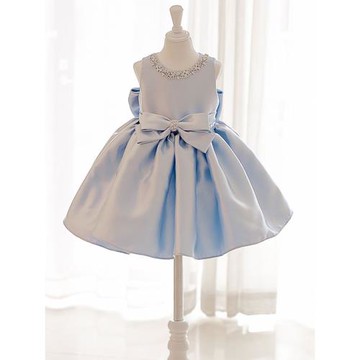 女童一周歲生日宴禮服女寶藍色緞面抓周兒童主持人公主裙花童婚禮