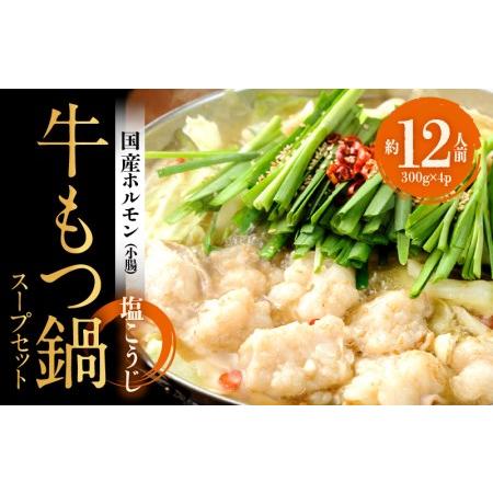 ふるさと納税 牛もつ鍋セット 約12人前 国産 小腸 1.2kg（300g×4） 塩こうじ スープ付き 小分け 緊急支援 期間限定 大阪府泉佐野市