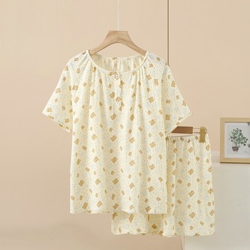 100%全棉夏季短袖女睡衣套裝 柔軟棉質女短袖短褲睡衣套裝 可愛碎花泡泡紗甜美家居服睡衣