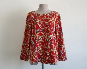 Vintage 80s Red Baroque Print Blouse Yellow Chain Top Long Sleeve Medium M