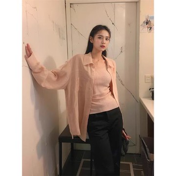法式獨特小上衣輕熟小眾粉色長袖防嗮襯衫外套夏季薄款女小衫襯衣