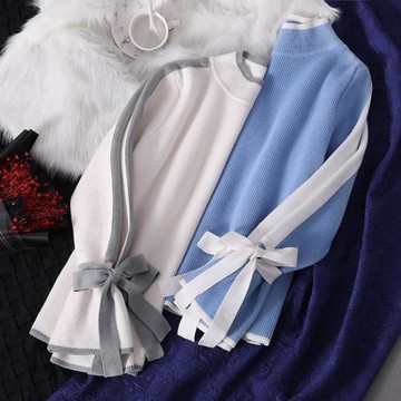 長袖毛衣 寬鬆慵懶風毛衣女 半高領針織衫 繫帶長袖寬鬆套頭毛線衣  都市時尚