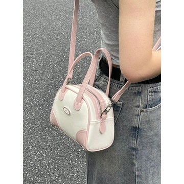 斜背包 多功能包 肩背包 保齡球包 小方包 小包包 可愛 大容量閃潮夏季波士頓包包mini保齡球包粉色 斜挎包手提休閑