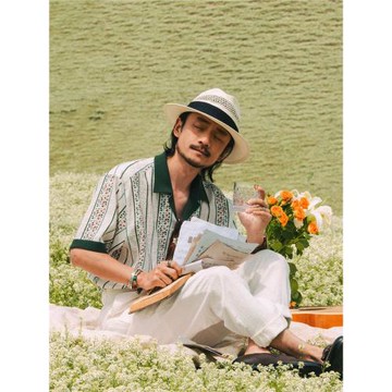 (免運)SOARIN英倫復古條紋短袖襯衫男 原創設計松弛感休閑古巴領花襯衣