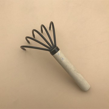 14cm圓形短木柄加長弧形5齒小耙子 黑色鐵爪園藝耙 趕海挖寶工具