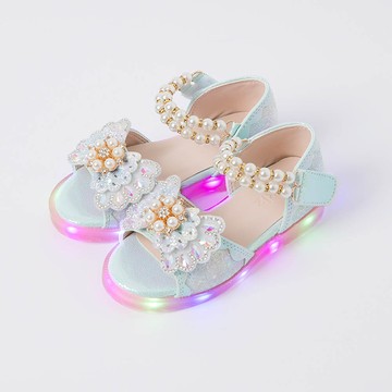 韓國 OZKIZ - (LED)浮誇珍珠鑽飾亮粉公主涼鞋-天藍