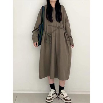 秋季系帶收腰顯瘦連衣裙寬松圓領百搭長袖中長裙