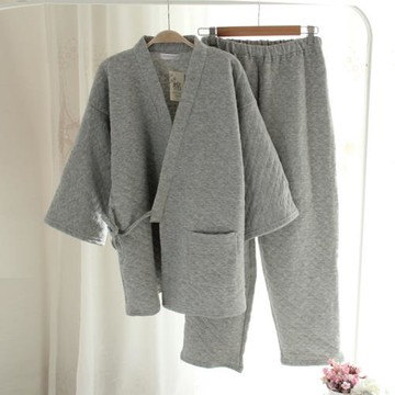 中國古風漢服睡衣男士秋冬棉和服厚甚平空氣棉夾棉中式家居服灰色