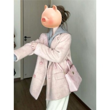 韓系高級感洋氣時髦粉色西裝毛呢外套小個子今年流行爆款大衣秋季