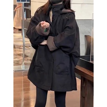 高級感休閑寬松中長款夾棉黑色外套女秋冬新款連帽棉衣棉服女冬季