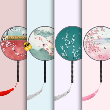 台灣出貨💯古風扇子 團扇 中國風舞蹈夏季古典古著宮廷版長柄流蘇小圓扇免運