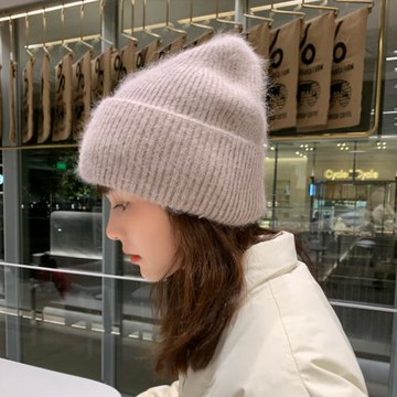 Deepsea深海毛絨絨兔毛帽子女冬針織毛線帽顯臉小韓版護耳冷帽