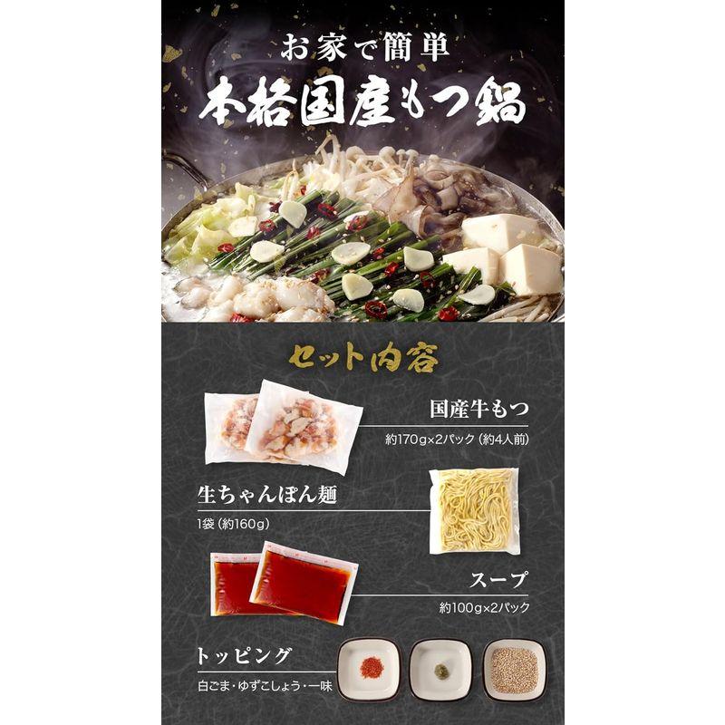 国産もつ鍋セット しょうゆ味 敬老の日 もつ170g×2袋、スープ100ｇ×2袋、ちゃんぽん?1袋、薬味各1袋, 約4人前 簡単調理 下茹で