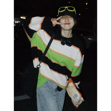 STILLYOU復古少年感撞色條紋圓領安迪絨毛衣女寬松春秋套頭針織衫