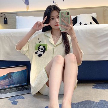 睡衣女士夏款春秋短袖網紅小熊開衫夏季薄款寬松家居服女短褲套裝