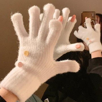 熱銷💖冬季保暖防寒紐扣笑臉五指手套女學生加厚針織毛綫露指可觸屏騎車 加絨保暖手套 機車手套 防水觸控手套 MUOS