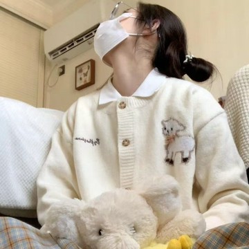 韓系甜美 小羊針織開衫 短款毛衣女 秋冬 設計感 百搭慵懶 寬鬆上衣外套