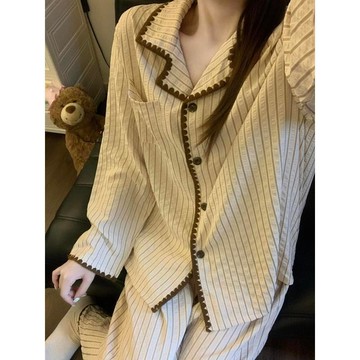 ✨精選好物✨韓系新款高級感撞色邊長袖睡衣女 秋季薄款開衫長袖套裝 長袖家居服 條紋居家褲