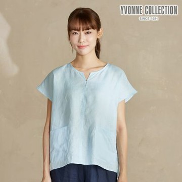 YVONNE 以旺傢飾 亞麻素面連袖上衣-淺藍