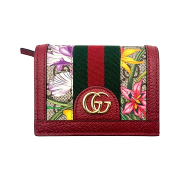 GUCCI 古馳 紅/棕色 提花帆布 GG Ophidia 金扣 兩折短夾 523155 【二手名牌BRAND OFF】
