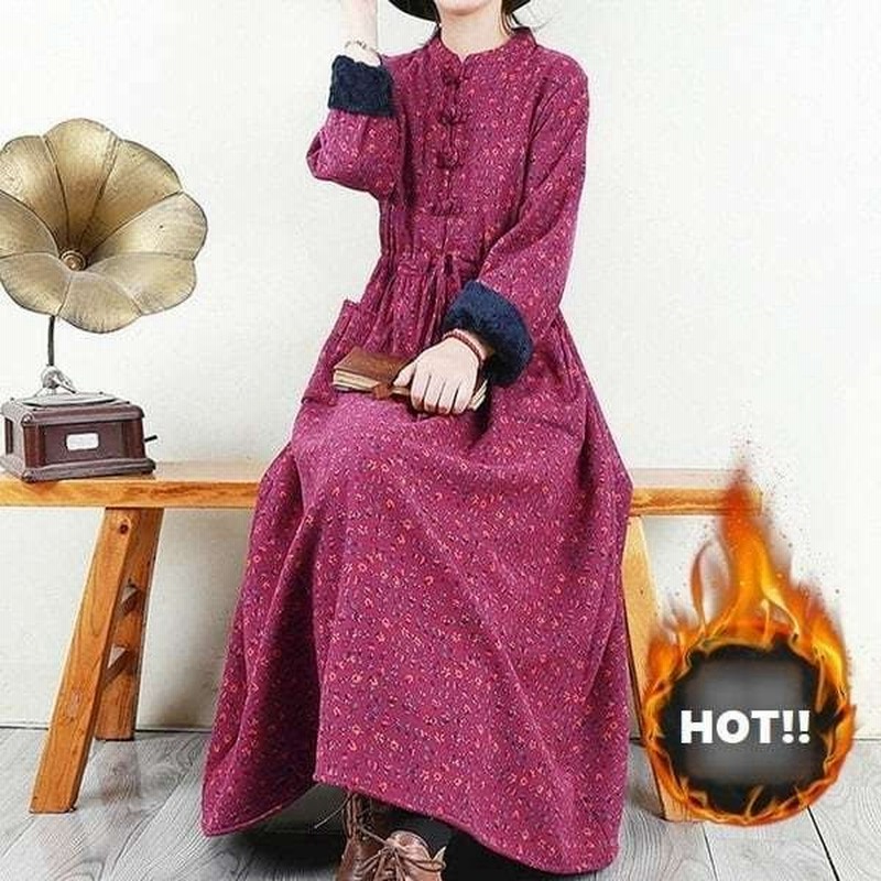 ワンピース レディース 冬 カジュアル 3色 裏起毛 ロングワンピース マキシ丈 長袖 小花柄 花柄 チャイナ風 フレア 体型カバー 大きいサイズ 通販 Lineポイント最大0 5 Get Lineショッピング