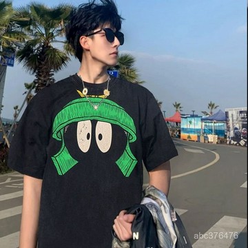 免運 綠眼帽 美式 潮流卡通印花 寬鬆大碼 短袖T恤男 学生 夏季新款 重磅純棉 男女可穿 無性別