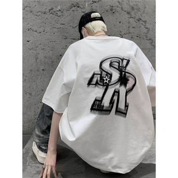 重磅純棉白色R星短袖T恤男款夏季新款美式高街半袖上衣服大碼體恤