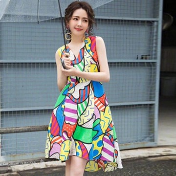 郭碧婷明星同款無袖V領印花收腰顯瘦a字連衣裙多彩花色超仙小禮服