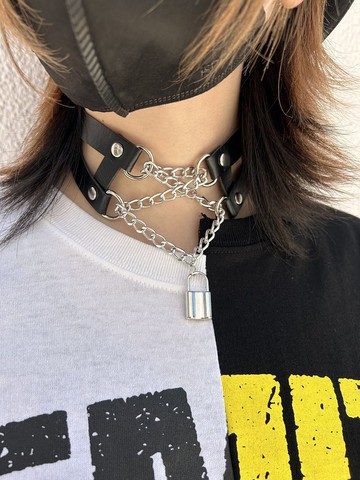 Double belt padlock choker/黑/銀/F size/unisex/hellcatpunks/hcp-ac-0273