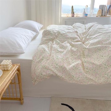 約會在周末晴天 韓國ins全棉被套單雙人被罩淺色粉玫瑰綠葉小清新