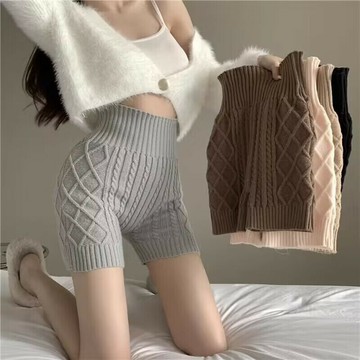 FUXI 針織短褲女 保暖短褲 睡褲 防走光內搭褲 高腰彈力安全褲 睡眠暖宮護臀褲 打底褲 毛線褲 女生褲子 短褲