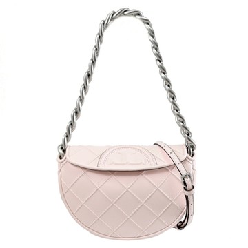 TORY BURCH Mini Fleming 立體LOGO菱格車線翻蓋式兩用包/半月包(淺粉)