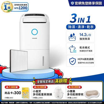 ｜節能補助$1200｜飛利浦 14.2L抗敏清淨除濕機(DE5306/80)-適用18坪-雲朵白