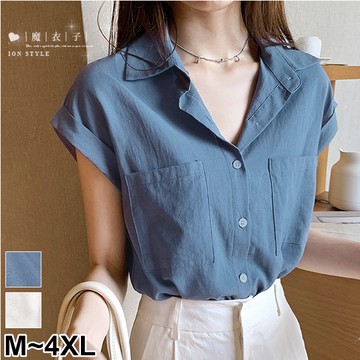 【QV3390】魔衣子-純色雙口袋寬鬆短袖襯衫