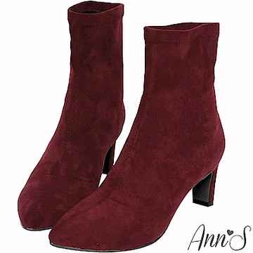 Ann’S慾望巴黎-防水絨布貼腿直跟襪靴6cm-酒紅