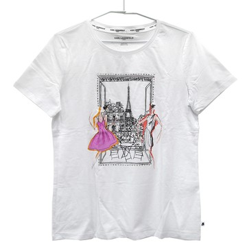 KARL LAGERFELD 卡爾窗外巴黎白色圓領短袖上衣