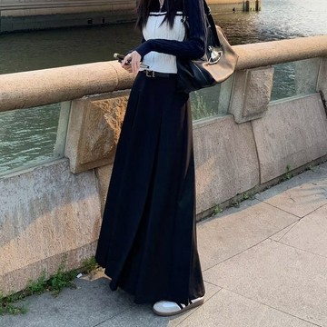 大尺碼黑色西裝半身裙女胖mm高腰遮胯顯瘦緊身百褶a字傘裙休閒長裙/優質