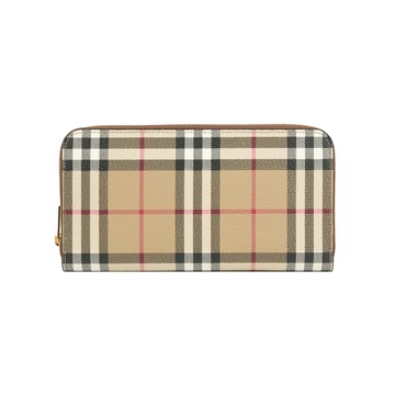 BURBERRY Vintage 格紋皮革ㄇ形拉鍊皮夾(米色/石楠木棕色)
