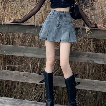 高腰牛仔百褶裙女2025早秋新款美式復古別致辣妹高腰顯瘦A字短裙