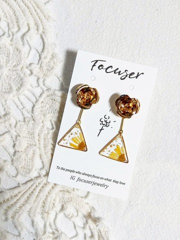 菊與玫瑰 乾燥花耳環 黃色真花 耳環/耳夾 情人節 禮物