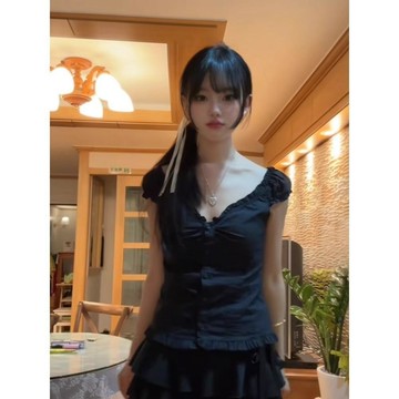 已售9642件💖藏青色短袖T恤~   荷葉邊T恤  辣妹上衣  設計感上衣  oversize T恤    顯瘦上衣