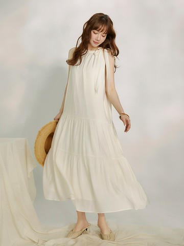 側綁帶削肩層次蛋糕長洋裝