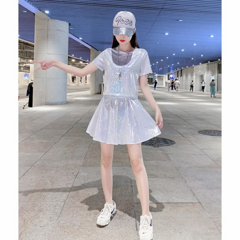 完売 ダンス衣装 セットアップ 派手 へそ出し 韓国 ラメTシャツ