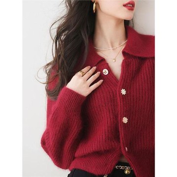 正品哥家新款2025女春裝翻領短款毛衣外套軟糯慵懶針織開衫上衣