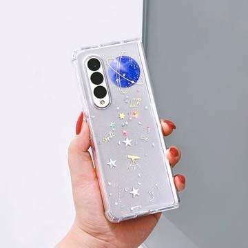 藍色星空適用三星W22手機殼折疊屏時尚閃粉軟殼zfold3透明防摔夢幻宇宙W2022可愛少女Galaxy z fold3個性新款